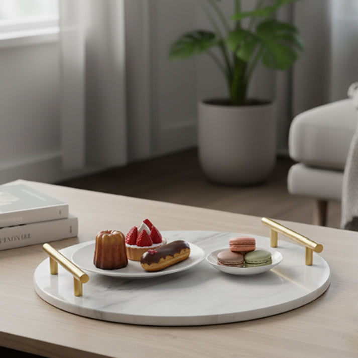 Imperial Ash White Round Marble Tray 14x14